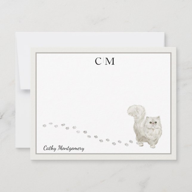 Persian Cat Gray Border Monogram Name Note Card (Front)
