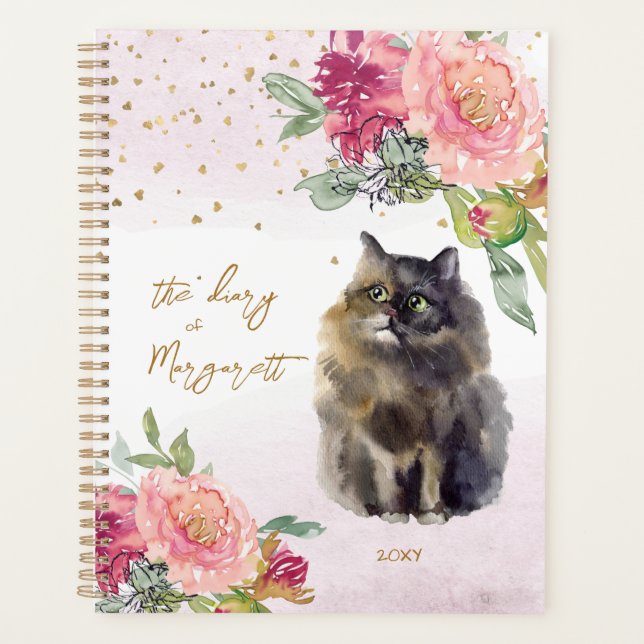 Persian Cat Illustration Flowers Girl Daily Diary Planner (Front)