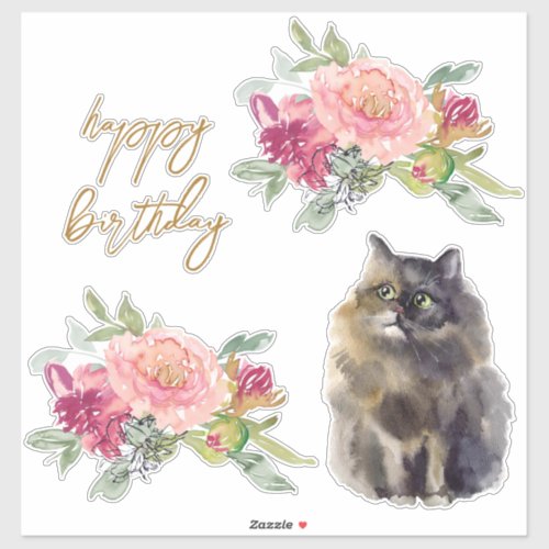 Persian Cat Illustration Happy Birthday Girl Party Sticker