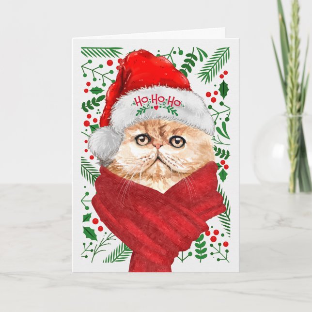 Persian Cat in a Santa Hat Meowy Christmas Holiday Card (Front)