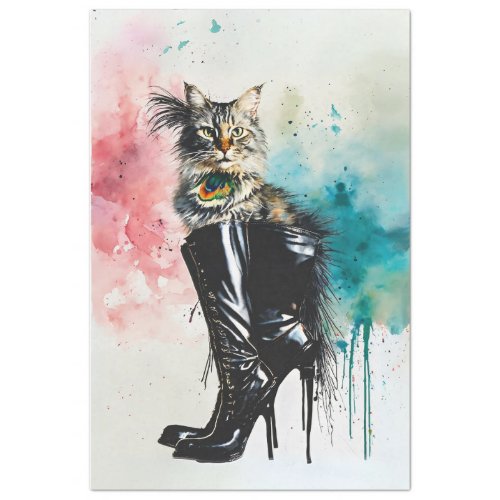 Persian Cat in Black Boot Decoupage  Tissue Paper