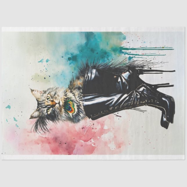 Persian Cat in Black Boot Decoupage  Tissue Paper (Front)