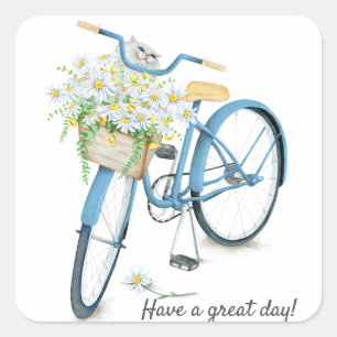 Persian cat in daisy basket on bike square sticker