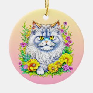 Persian Cat in Flowers Personalized Christmas Ceramic Ornament