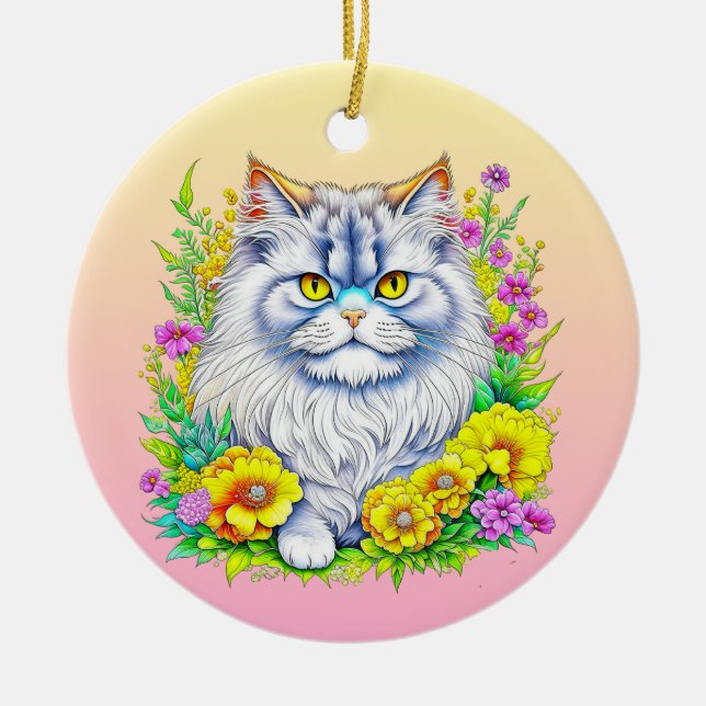 Persian Cat in Flowers Personalized Christmas Ceramic Ornament (Front)