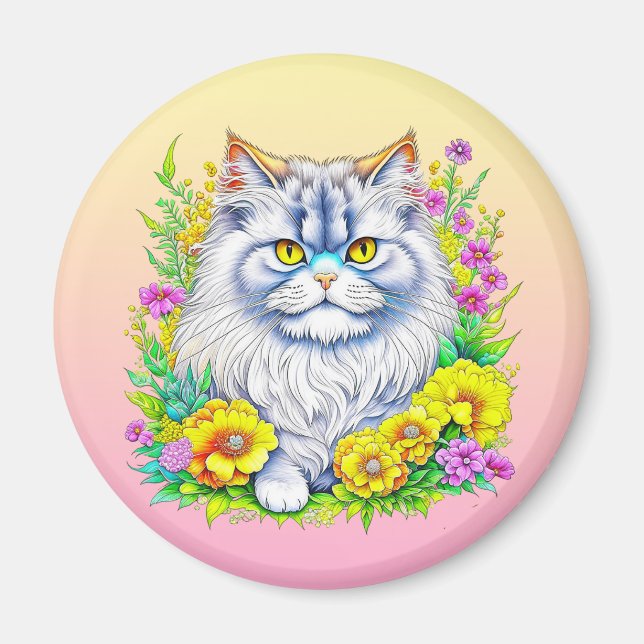 Persian Cat in Flowers Personalized Magnet (Front)