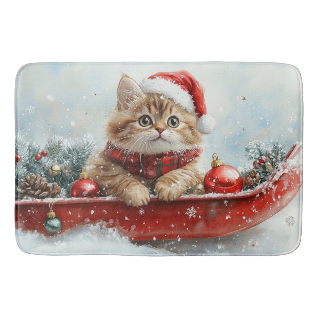Persian Cat in Sledge Let it Snow Christmas Bath Mat (Front)