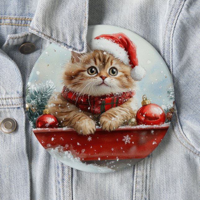 Persian Cat in Sledge Let it Snow Christmas Button (In Situ)