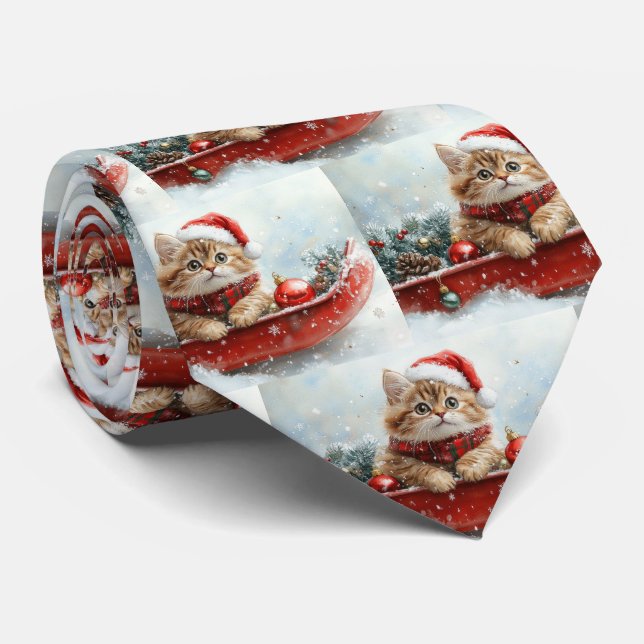Persian Cat in Sledge Let it Snow Christmas Neck Tie (Rolled)