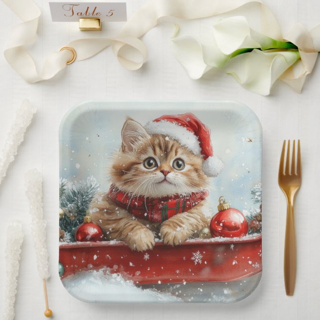 Persian Cat in Sledge Let it Snow Christmas Paper Plates (Wedding)