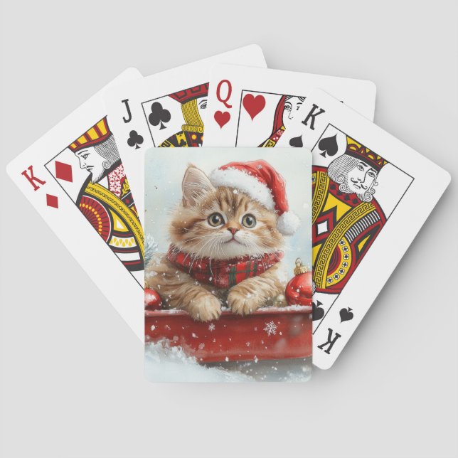 Persian Cat in Sledge Let it Snow Christmas Poker Cards (Back)