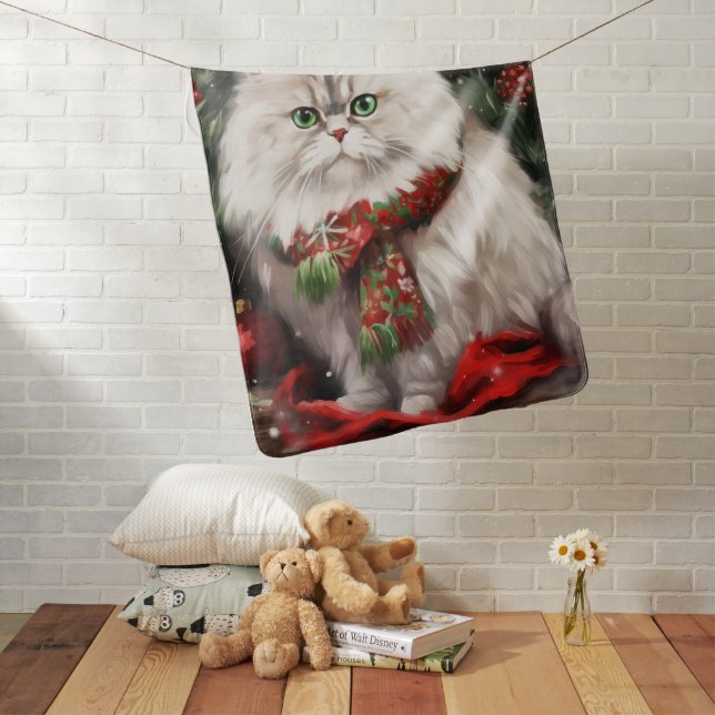 Persian Cat in Snow Christmas Baby Blanket (In Situ)