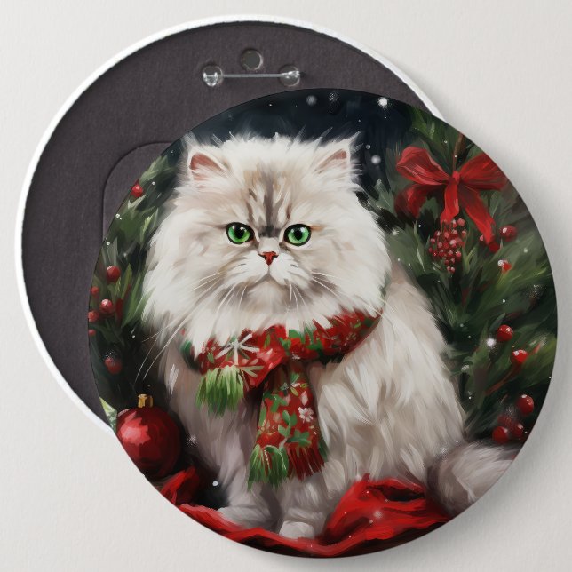 Persian Cat in Snow Christmas Button (Front & Back)