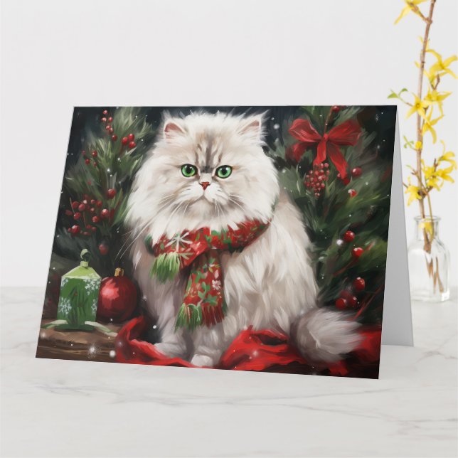 Persian Cat in Snow Christmas Card (Yellow Flower)