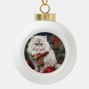 Persian Cat in Snow Christmas Ceramic Ball Christmas Ornament