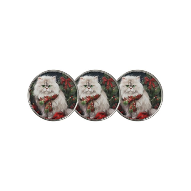 Persian Cat in Snow Christmas Golf Ball Marker (3 Up)