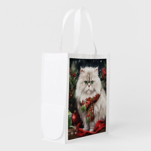 Persian Cat in Snow Christmas Grocery Bag