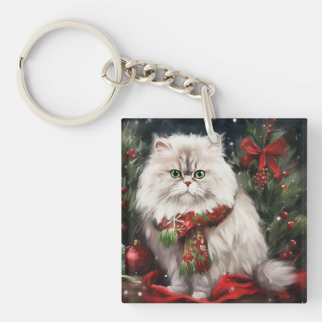 Persian Cat in Snow Christmas Keychain (Front)