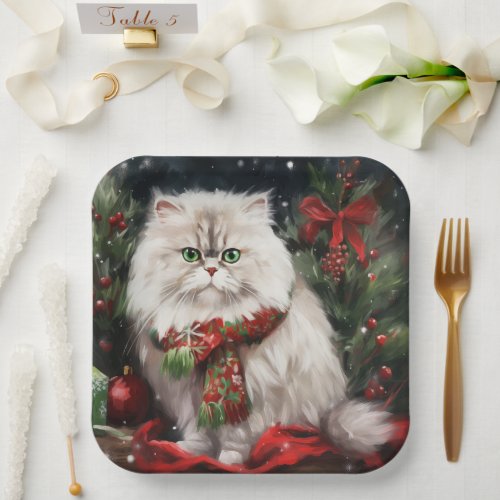 Persian Cat in Snow Christmas Paper Plates
