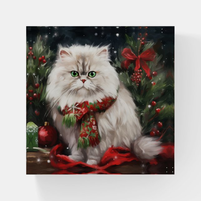 Persian Cat in Snow Christmas Paperweight (Front)