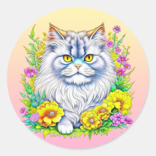 Persian Cat in Yellow and Pink Flowers Classic Round Sticker