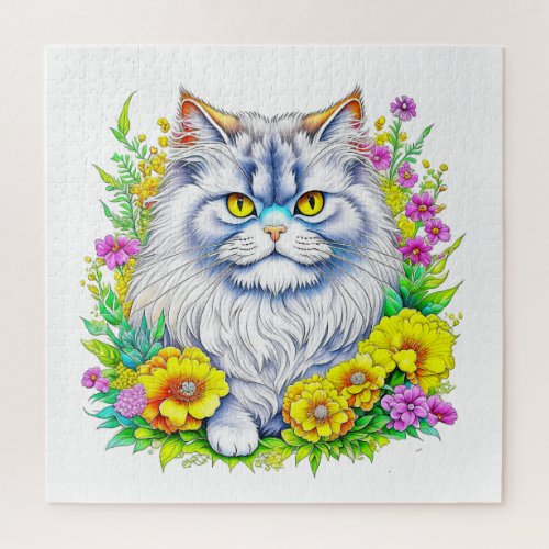 Persian Cat in Yellow and Pink Flowers Jigsaw Puzzle