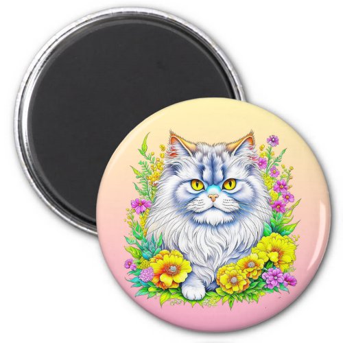 Persian Cat in Yellow and Pink Flowers Magnet