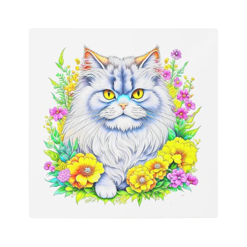 Persian Cat in Yellow and Pink Flowers Metal Print