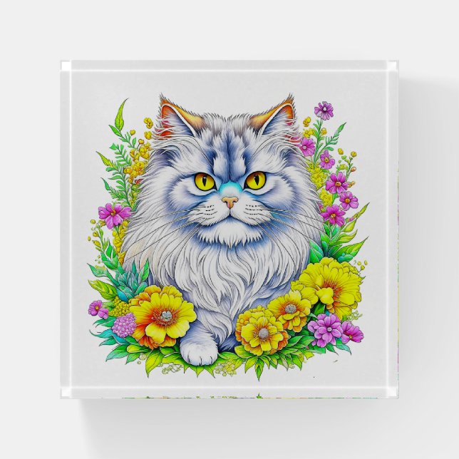 Persian Cat in Yellow and Pink Flowers Paperweight (Front)