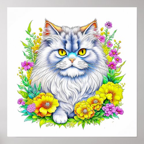 Persian Cat in Yellow and Pink Flowers Poster