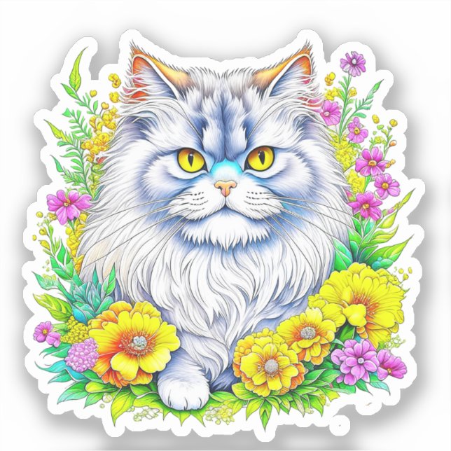 Persian Cat in Yellow and Pink Flowers Sticker (Front)