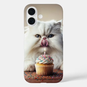Persian Cat Licking a Birthday Cupcake iPhone 16 Case