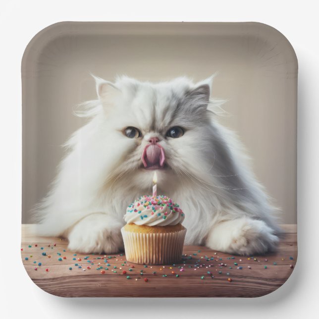 Persian Cat Licking a Birthday Cupcake Paper Plates (Front)