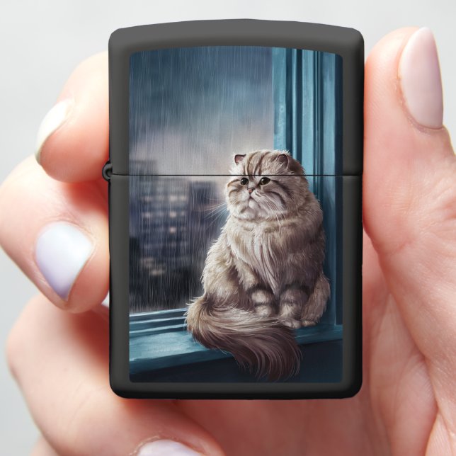 Persian Cat Looking Out a Window Zippo Lighter (In Hand)