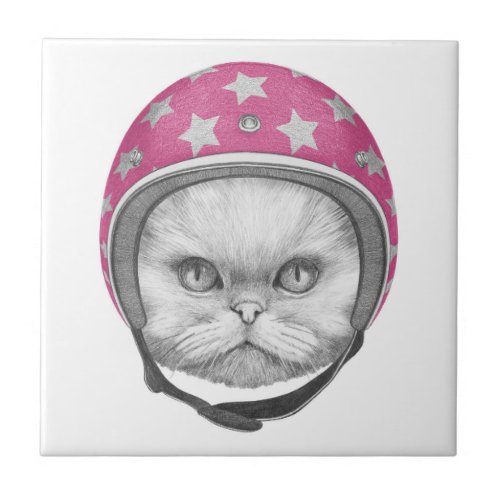 Persian Cat Motorcycle Rider Ceramic Tile