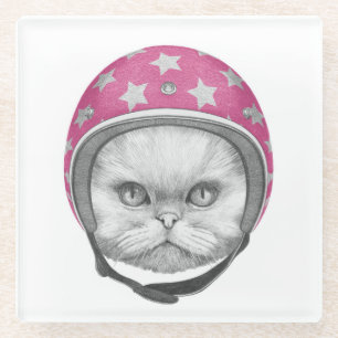 Persian Cat Motorcycle Rider Glass Coaster