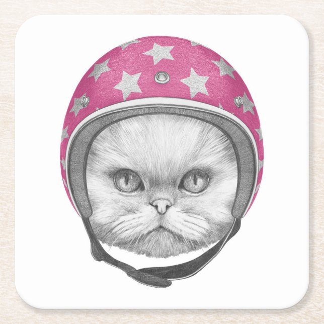 Persian Cat Motorcycle Rider Square Paper Coaster (Front)