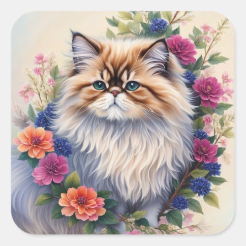 Persian Cat Multicolor Flowers Square Sticker