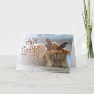 Persian cat on carpet in reindeer custom holiday card