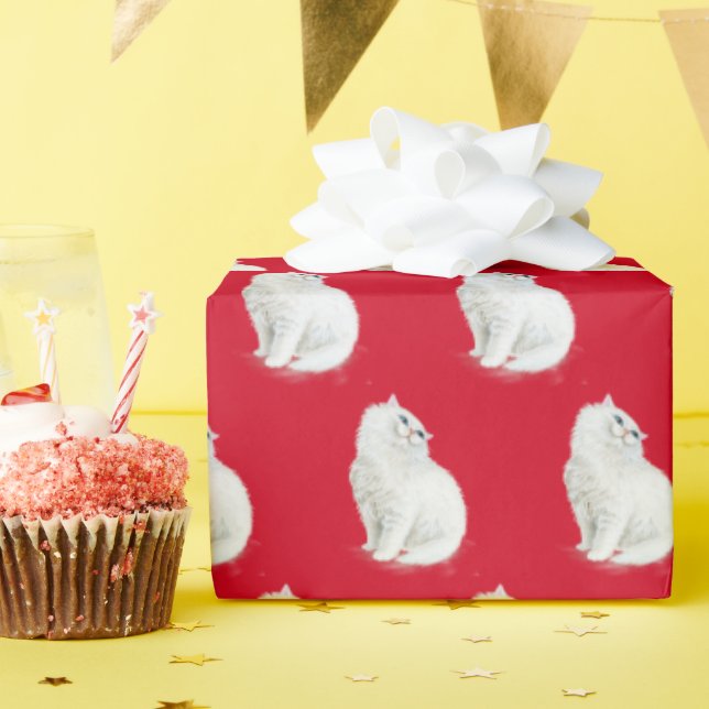 Persian Cat On Red Wrapping Paper (Birthday Party)