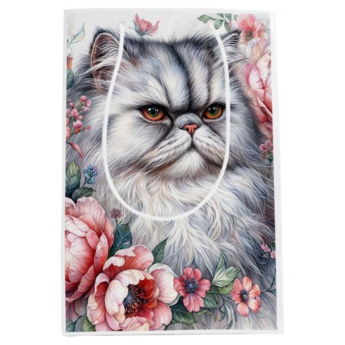 Persian Cat Pink Floral Watercolor Art Medium Gift Bag