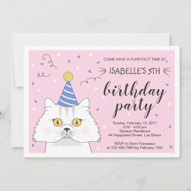 Persian Cat Purrty Confetti Birthday Invitation (Front)