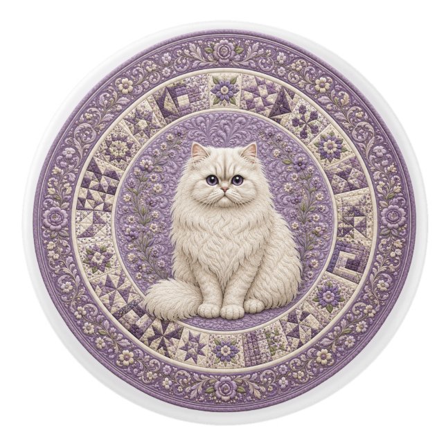 Persian Cat Quilt  Ceramic Knob (Front)