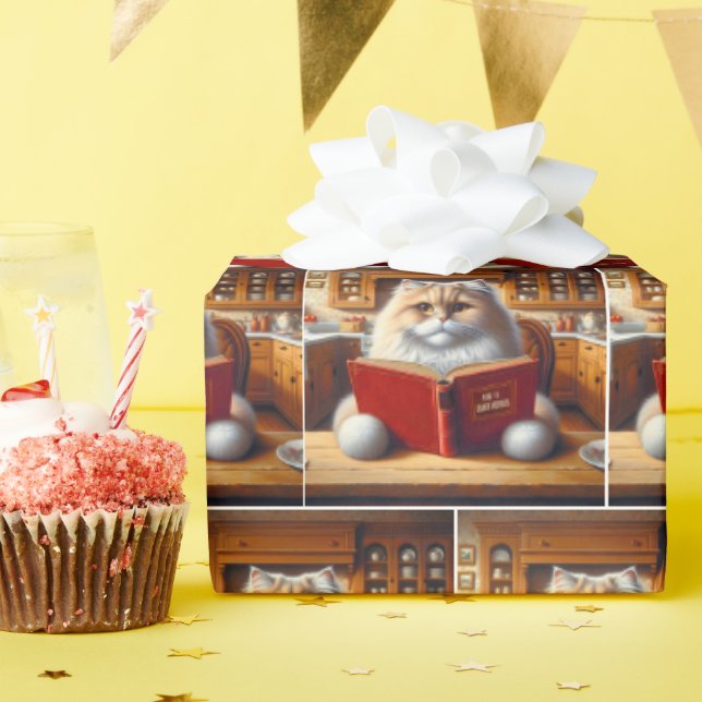 Persian Cat Reading a Book Wrapping Paper (Birthday Party)