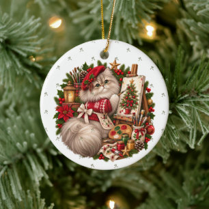 Persian Cat Red Beret Painting Christmas Easel Ceramic Ornament