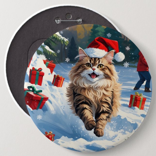 Persian Cat Sitting in Snow with Christmas Hat Button (Front & Back)