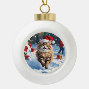 Persian Cat Sitting in Snow with Christmas Hat Ceramic Ball Christmas Ornament