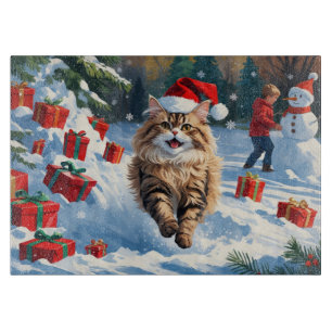 Persian Cat Sitting in Snow with Christmas Hat Cutting Board