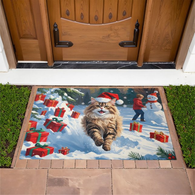 Persian Cat Sitting in Snow with Christmas Hat Doormat (Outdoor)