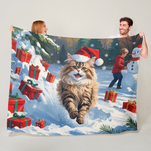 Persian Cat Sitting in Snow with Christmas Hat Fleece Blanket (In Situ)